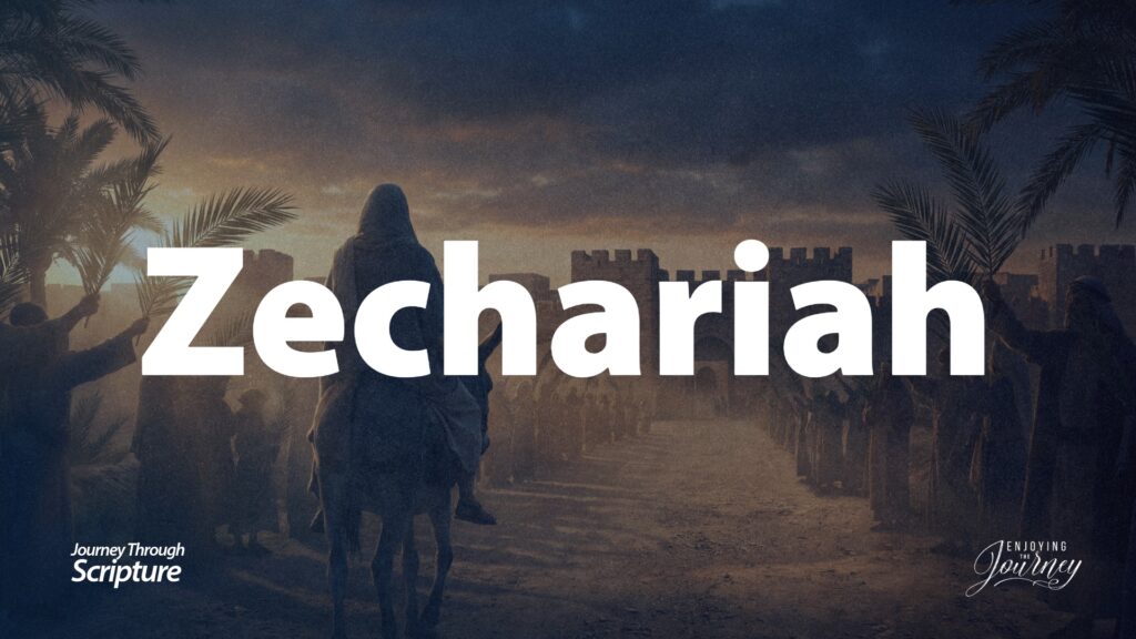 An image of He is the just and the lowly one, who is coming riding on a colt (Zechariah 9:9) as fulfilled on Palm Sunday. Image of the Triumphal entry of Jesus into Jerusalem on a donkey as prophecied by Zechariah. A journey through Zechariah reveals that God blesses at the appointed time, the power of a spirit-filled life, and prophecies of Jesus Christ.
