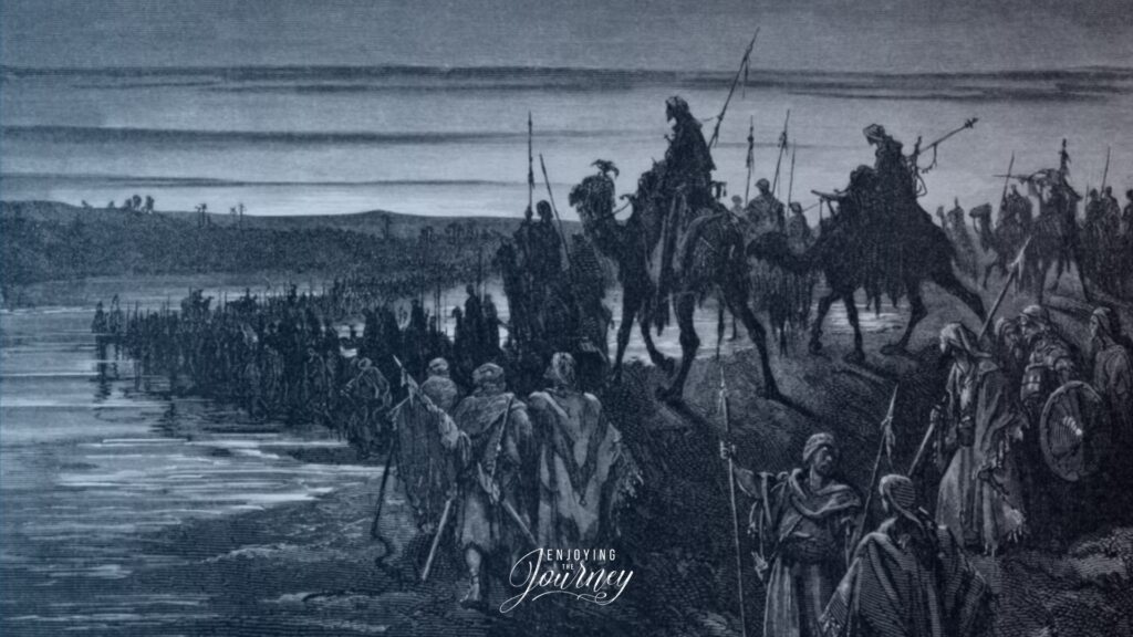 As you stand on the brink of the Jordan, on the verge of the next season that God has for you, how should you approach it? Here are 10 Principles from Joshua 3 on Walking by Faith in the New Year. This image is of Joshua and the children of Israel crossing the jordan river as is detailed in Joshua 3.