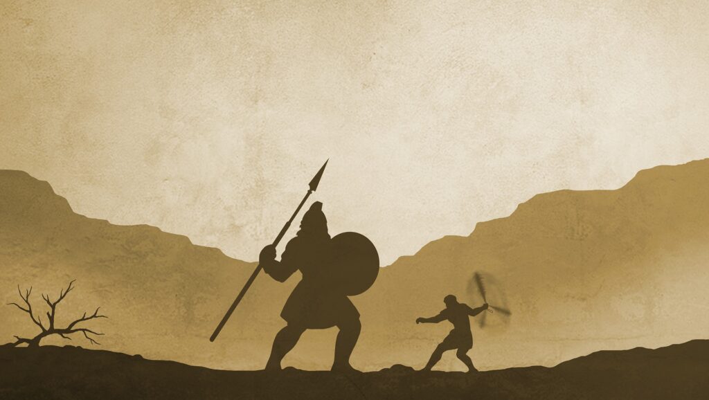 Image depicting David and Goliath with David using His sling. Slings are not a child’s toy, as is sometimes portrayed. Slingers were an integral part of ancient armies. David is a classic example of someone who battled with an ancient sling