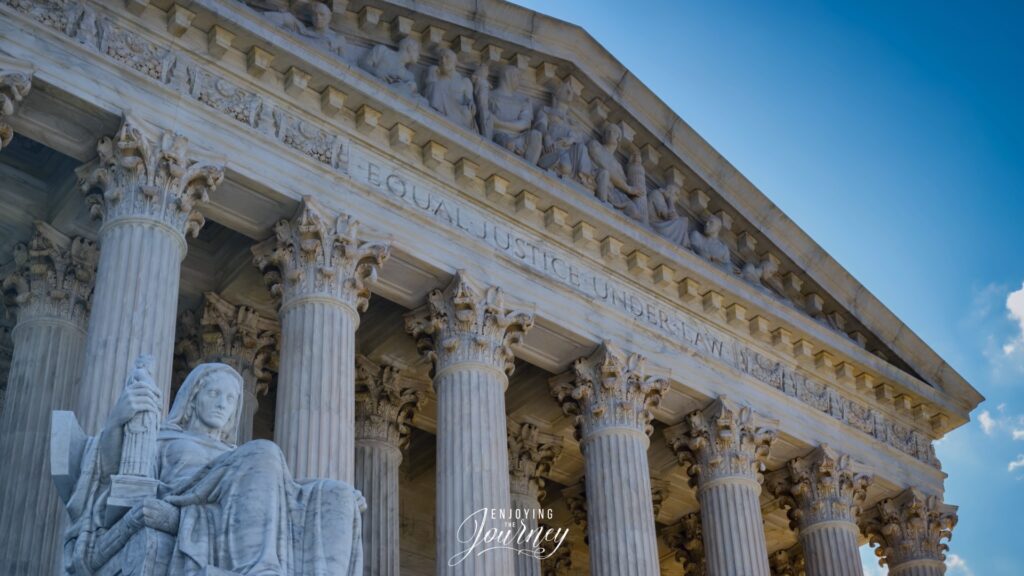 Ephesians 6 reminds us that there are many in this world who are exercising their authority under the authority of Satan. We live in time, yet God is eternal. In time, when human justice fails, God's justice will prevail in eternity. Supreme court building with phrase Equal Justice Under Law carved into it.