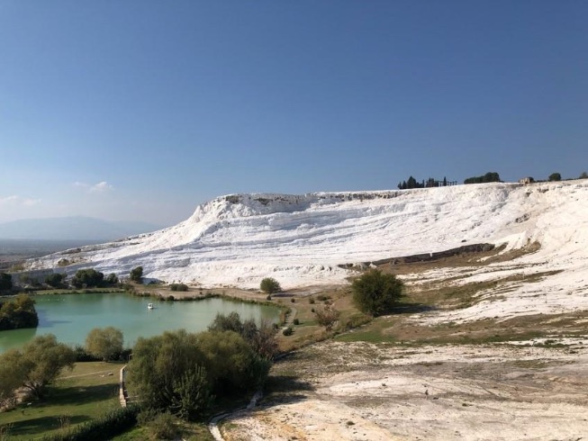 Hierapolis is located on top of this travertine limestone mountain. The limestone was deposited by flow from the mineral-rich hot springs in the city. For this reason it is known in modern Turkish as Pamukkale, or Cotton Mountain. Photo by John Buckner