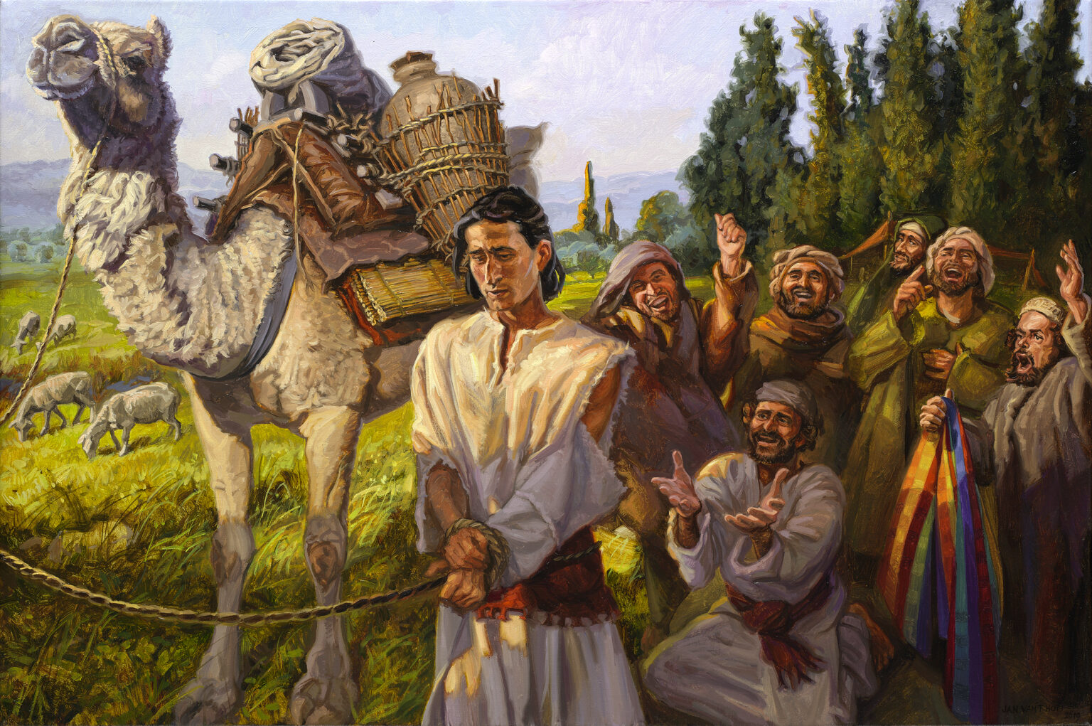 illustration of Joseph being sold into slavery by his brothers with his coat of many colors, behind him for a page that gices a detailed overview of his life in a devotionaml study by Scott pauley. It links ot sermons, podcast series, a book, and articles on the life of Joseph.