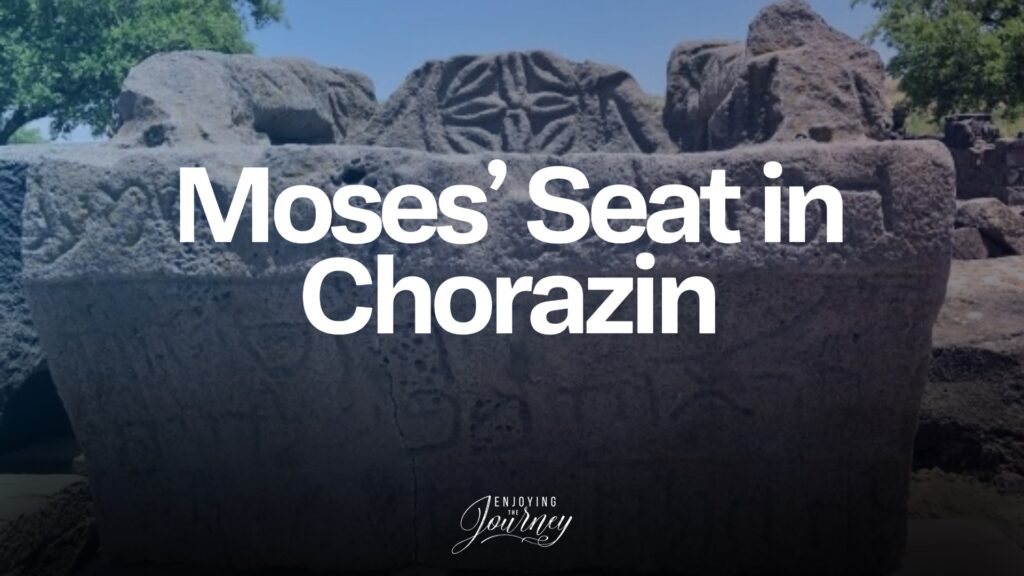 Moses Seat found in an ancient synagogue in Chorazin, in Galilee. The seat was located just inside the door of the synagogue and bears an Aramaic inscription with the name of the donor Yudan, the son of Yishmael who paid for building of the seat and its platform. (The seat pictured here is a replica placed where the original was found. The original is now in the Israel Museum.) Photo by John Buckner. Among other finds, the researchers found a synagogue built from the local volcanic basalt stones. Inside the synagogue, beside the ark where the biblical scrolls were stored, was a seat. It has been identified by many scholars as Moses’ Seat. Although it dates to after the time of Christ, this find is a remarkable fusion of biblical text and archeology. It illuminates the words of Matthew and shows us the custom He referenced.  
