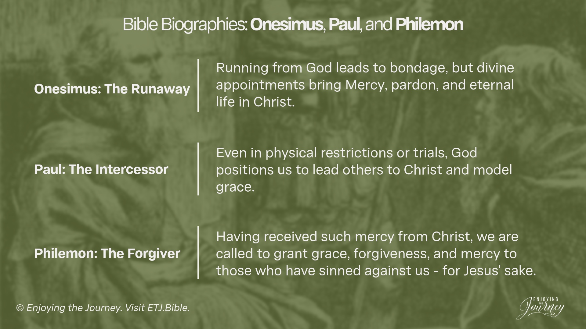 This slide provides a brief summary of each of these men in the Book of Philemon (Paul, Onesimus, and Philemon). Share it online, save it for later, or use it as a tool in teaching these truths to others.