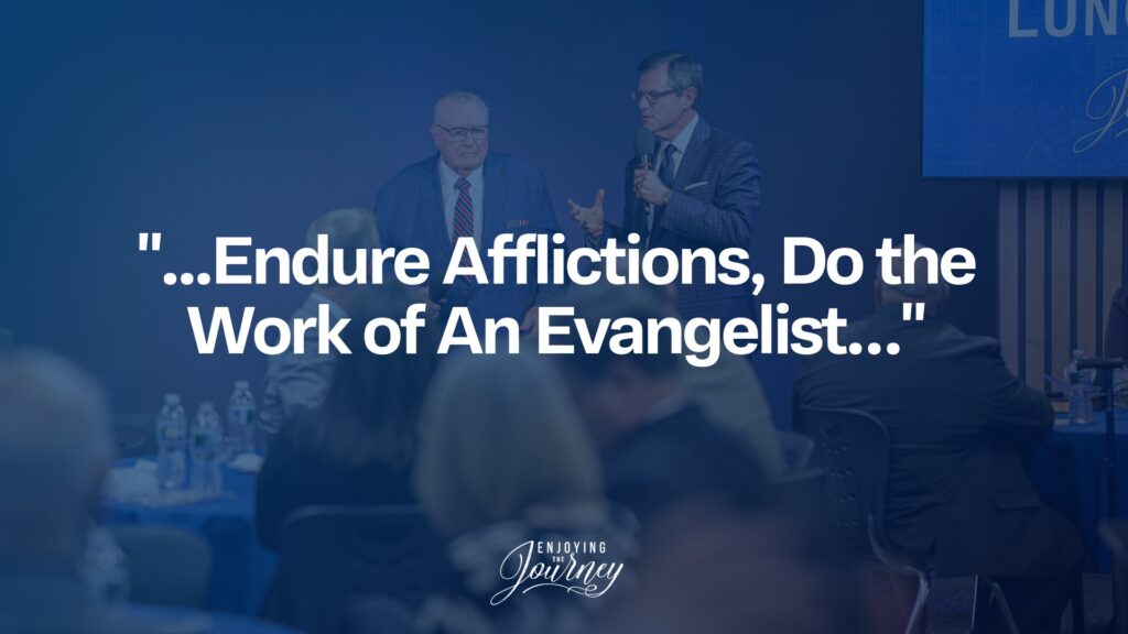 The following article contains an address by Dr. Larry Clayton on enduring afflictions in ministry. Along with his remarks is a charge by Scott Pauley to stay with the gospel. To be true evangelists. May God help us to endure afflictions with joy and steadfastness and stay with the work of the gospel. They explain what it means to "...endure afflictions, do the work of an evangelist..." (2 Timothy 4:5)