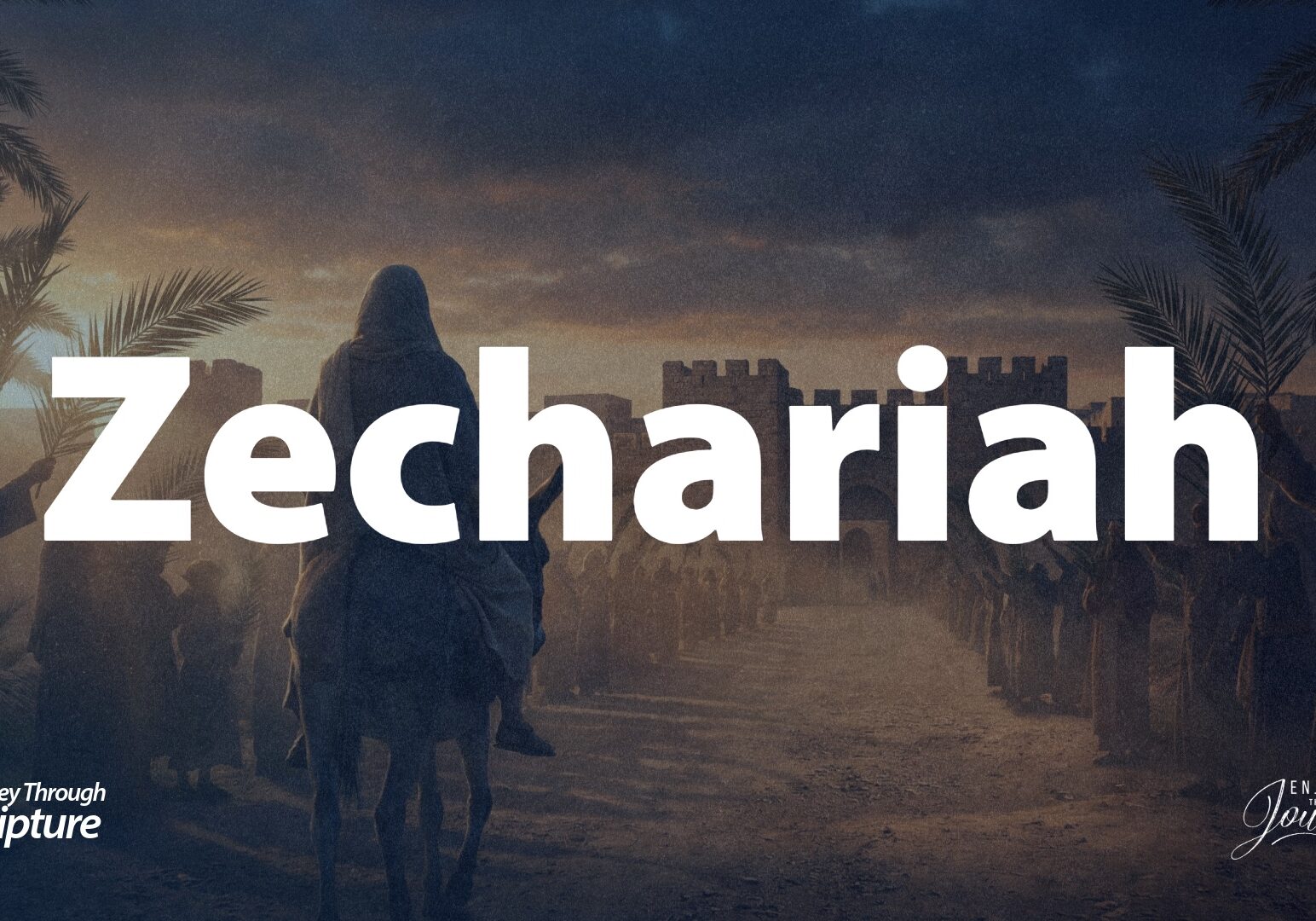 An image of He is the just and the lowly one, who is coming riding on a colt (Zechariah 9:9) as fulfilled on Palm Sunday. Image of the Triumphal entry of Jesus into Jerusalem on a donkey as prophecied by Zechariah. A journey through Zechariah reveals that God blesses at the appointed time, the power of a spirit-filled life, and prophecies of Jesus Christ.