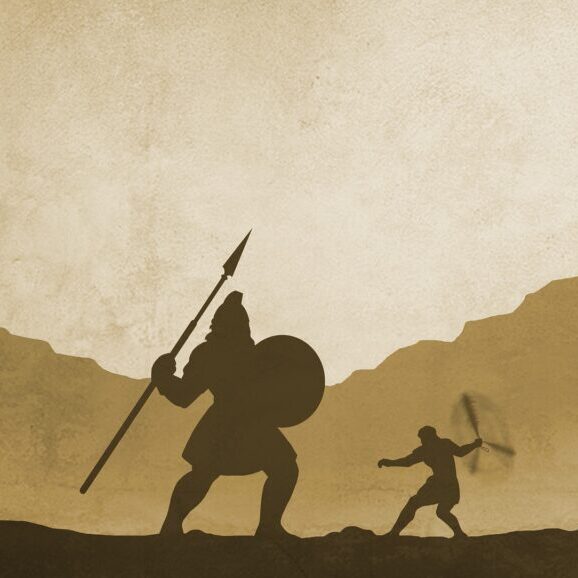 Image depicting David and Goliath with David using His sling. Slings are not a child’s toy, as is sometimes portrayed. Slingers were an integral part of ancient armies. David is a classic example of someone who battled with an ancient sling