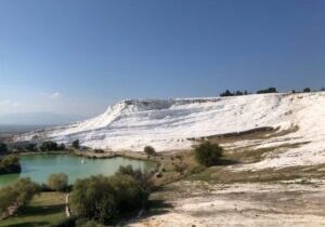 Hierapolis is located on top of this travertine limestone mountain. The limestone was deposited by flow from the mineral-rich hot springs in the city. For this reason it is known in modern Turkish as Pamukkale, or Cotton Mountain. Photo by John Buckner