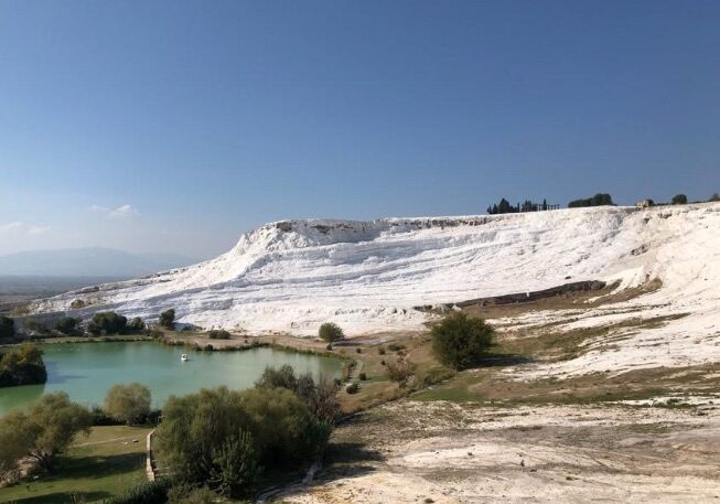 Hierapolis is located on top of this travertine limestone mountain. The limestone was deposited by flow from the mineral-rich hot springs in the city. For this reason it is known in modern Turkish as Pamukkale, or Cotton Mountain. Photo by John Buckner
