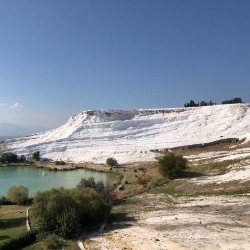 Hierapolis is located on top of this travertine limestone mountain. The limestone was deposited by flow from the mineral-rich hot springs in the city. For this reason it is known in modern Turkish as Pamukkale, or Cotton Mountain. Photo by John Buckner