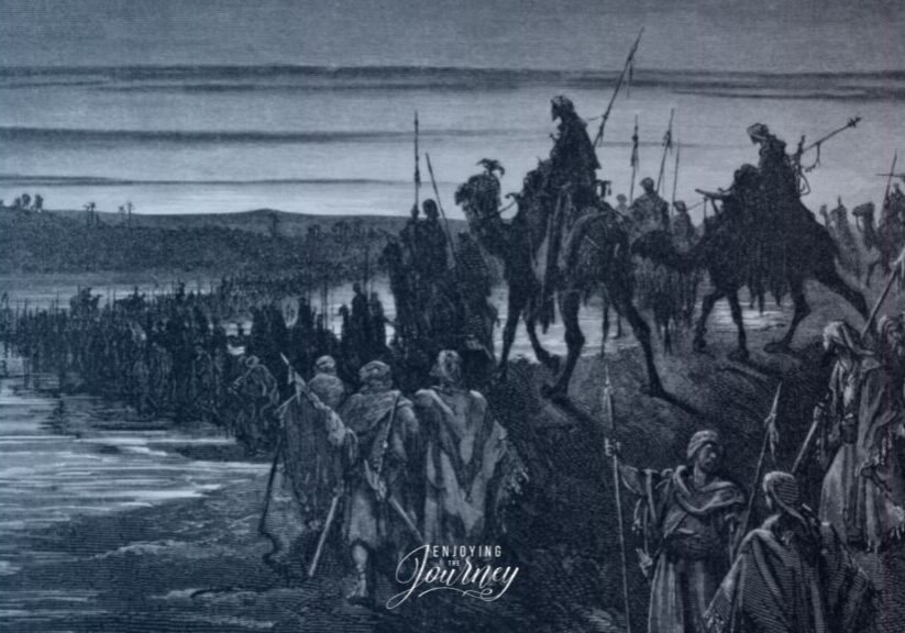 As you stand on the brink of the Jordan, on the verge of the next season that God has for you, how should you approach it? Here are 10 Principles from Joshua 3 on Walking by Faith in the New Year. This image is of Joshua and the children of Israel crossing the jordan river as is detailed in Joshua 3.