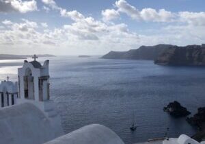 The iconic overlook on the Greek island of Santorini. All of the water in view fills the ancient caldera of an extinct volcano. When it erupted it caused the residents of Santorini, and of nearby Crete, biblical Caphtor, to flee and invade along the coasts of the Levant. They and their descendants were called the Philistines. Photo by John Buckner The eruption of Santorini set in motion events that led to the Israelites conquering Canaan far to the east, and to Jesus being called the Son of David.  