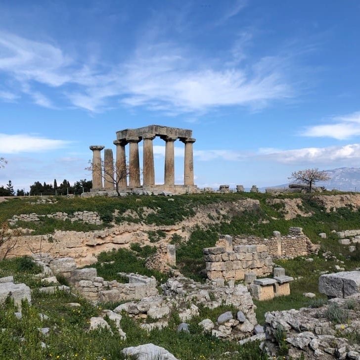 The ruins of the Temple of Apollo at Corinth. The city was known in antiquity for this magnificent Doric temple. Ironically, this was the city where the preacher from Alexandria, Apollos, came to minister. Corinth was destroyed by the Romans under Lucius Mummius, then later refounded as a city by Julius Caesar, just before his assassination. As a result, many monuments in the city were dedicated to his memory, and that of his familv. Photo by John Buckner