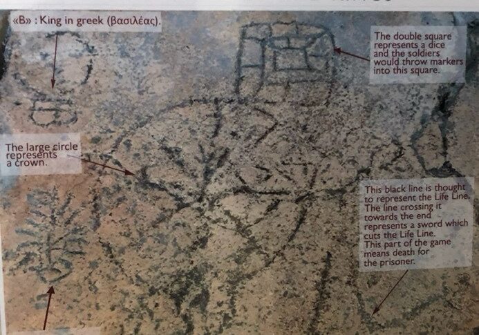 The King's Game, with some of the markings explained. All of the markings are on a single flagstone. I would add to the information presented here that the scorpion was the emblem of the Praetorian Guard, the most elite unit of the Roman Army. Mark says that they took Jesus to the Praetorium, the Praetorian headquarters. Photo by John Buckner. The Game of Kings from he Bible, ancient time games, game at the cross, Roman games