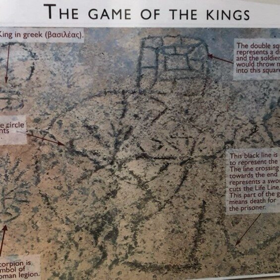 The King's Game, with some of the markings explained. All of the markings are on a single flagstone. I would add to the information presented here that the scorpion was the emblem of the Praetorian Guard, the most elite unit of the Roman Army. Mark says that they took Jesus to the Praetorium, the Praetorian headquarters. Photo by John Buckner. The Game of Kings from he Bible, ancient time games, game at the cross, Roman games